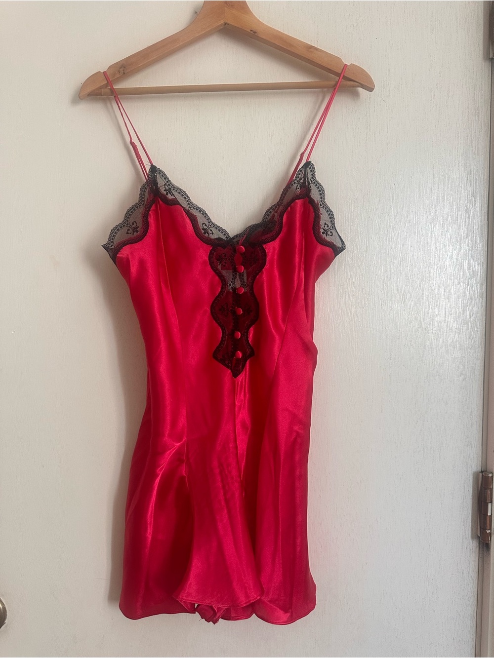 Red Satin Lace-Trim Chemise Romper with Black Accents